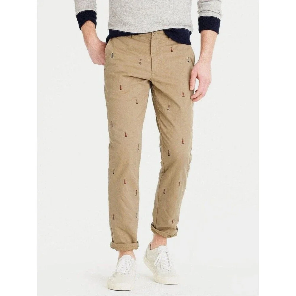 J. Crew Men's Broken In 770 Khaki Tan Pants Sz 36” W Lighthouse Embroidered